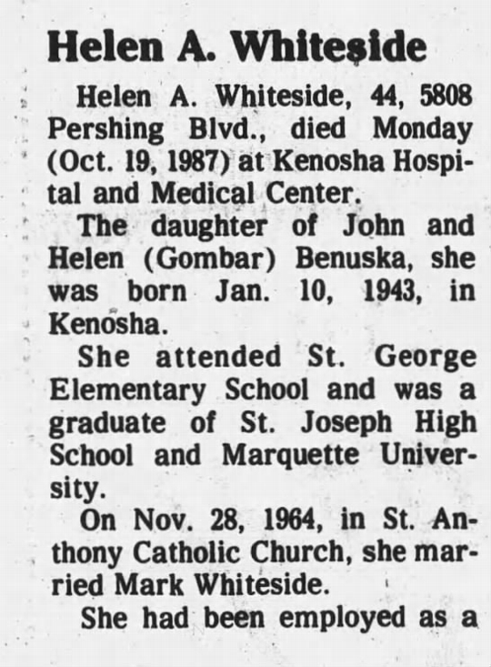 Helen Benuska (Whiteside) (Deceased), Kenosha, WI Wisconsin